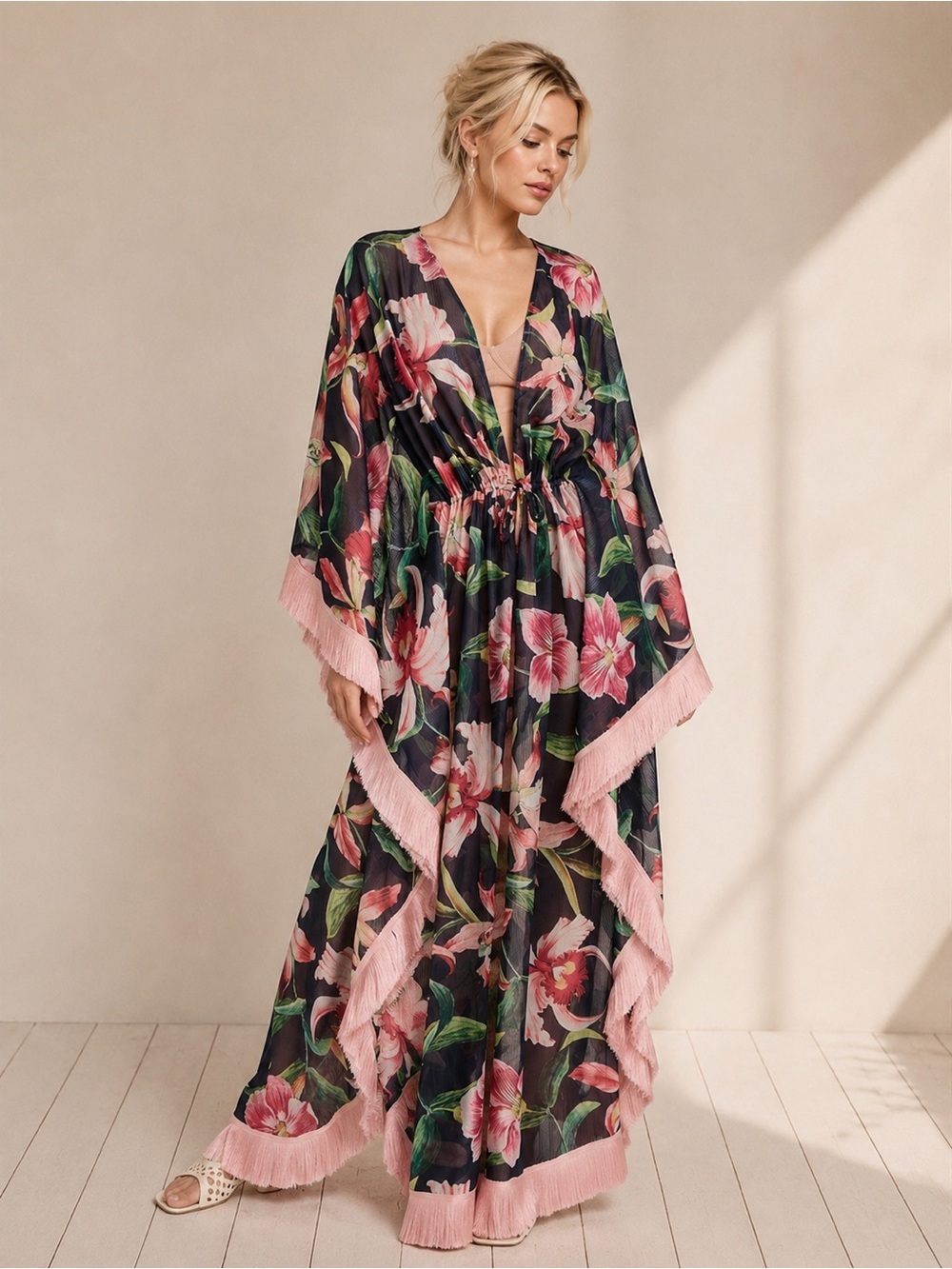 PatBO Laelia Fringe-Trim Caftan in Midnight floral
